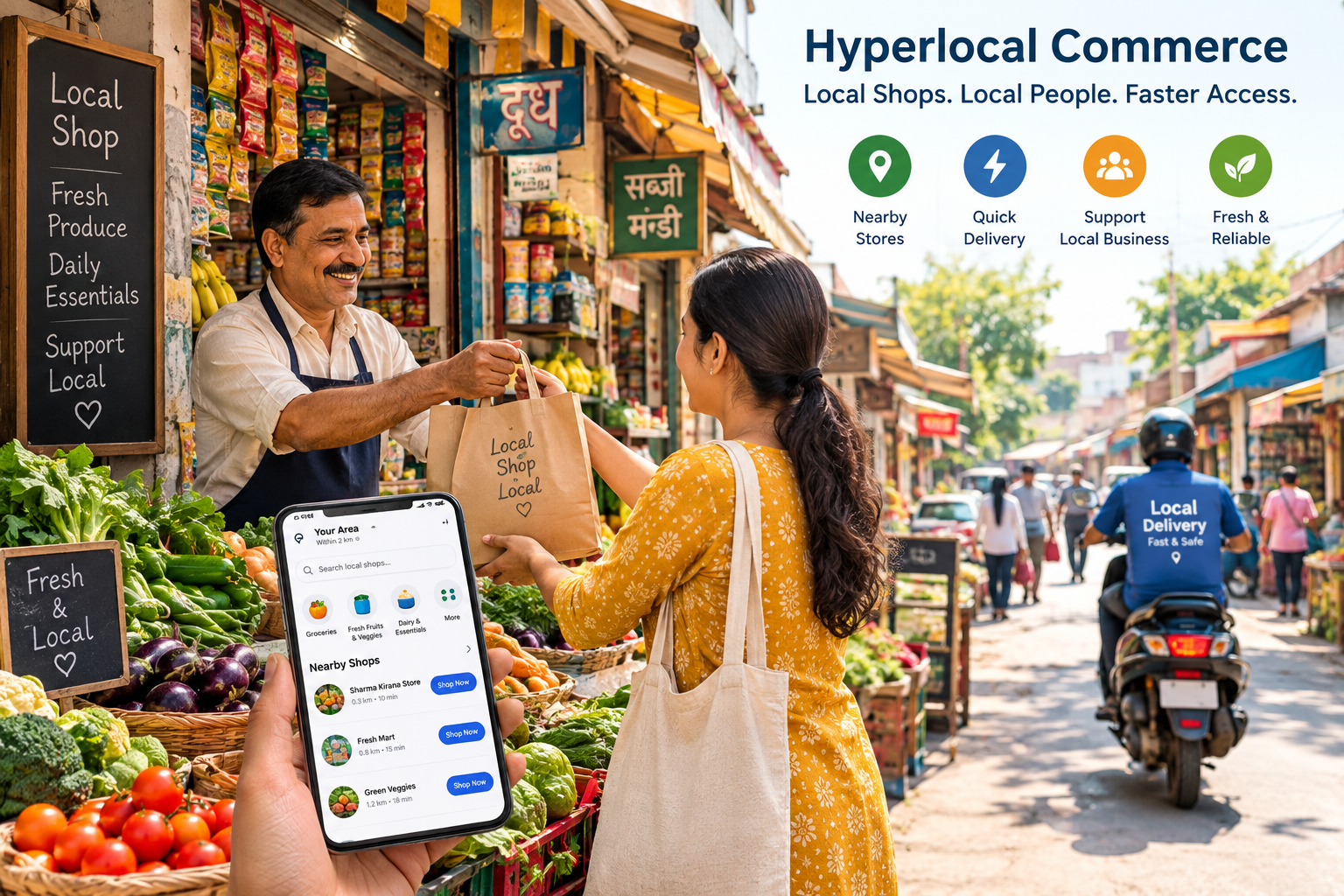 Local Indian market representing hyperlocal commerce